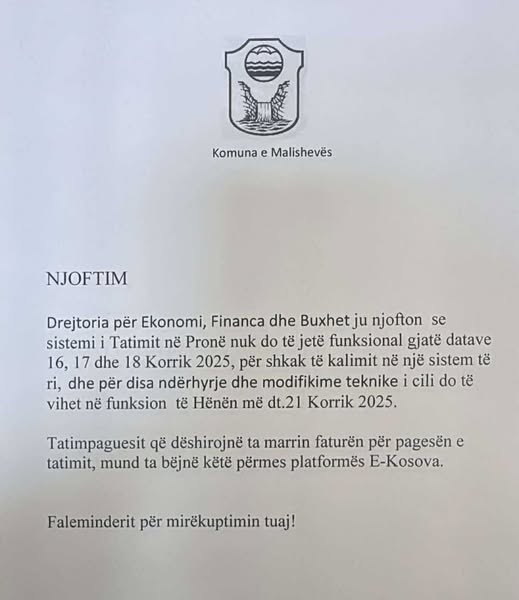 Njoftohet për mos funksionimin e sistemit për Tatim në Pronë gjatë këtyre datave