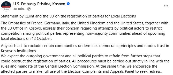 QUINT: Moscertifikimi i Listës Serbe, minim i parimeve të demokrcisë