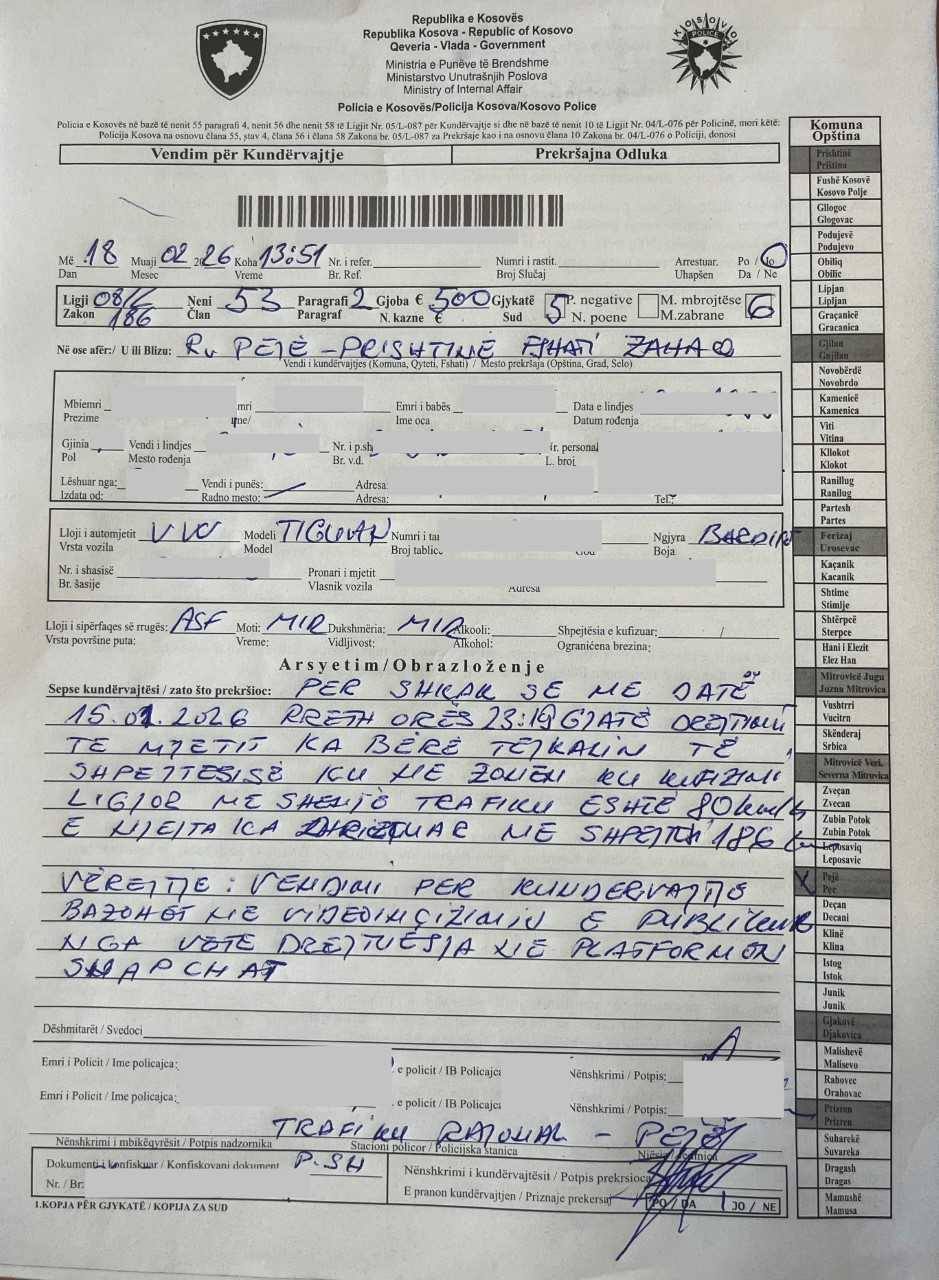 Shqiptohen gjoba për tejkalim të shpejtësisë dhe tejkalim në vijë të plotë në rrugët e Pejës