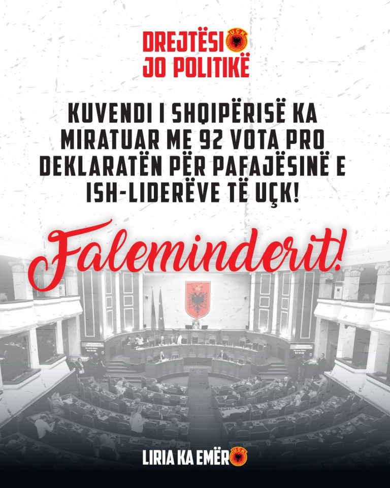Platforma “Liria ka Emër” e përshëndetë Deklaratën e Kuvendit të Shqipërisë për pafajësinë e ish-liderëve të UÇK-së.