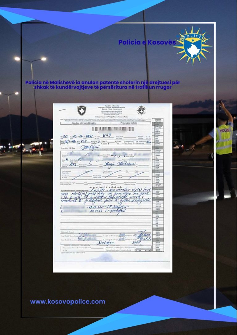 Policia në Malishevë i anulon patentë shoferin 25-vjeçarit për shkelje të përsëritura në trafik