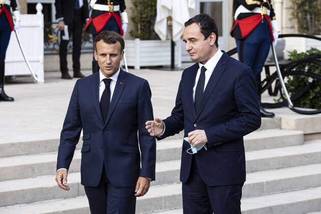 Paris, France, June 23, 2021 - French President Emmanuel Macron and Prime Minister of Kosovo Albin Kurti give a press b