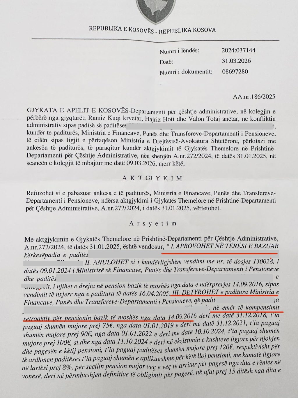 Gjykata e Apelit lë në fuqi vendimin për pensionet e kategorive të dala nga lufta