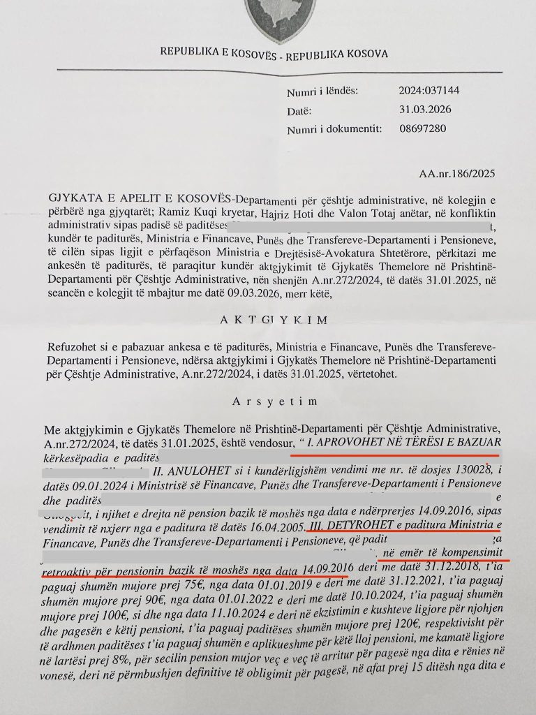 Gjykata e Apelit lë në fuqi vendimin për pensionet e kategorive të dala nga lufta