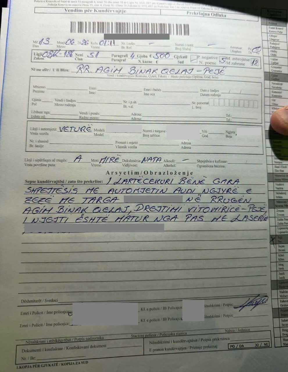 Gara shpejtësie në Pejë, Policia shqipton gjoba dhe ndalon vozitësit
