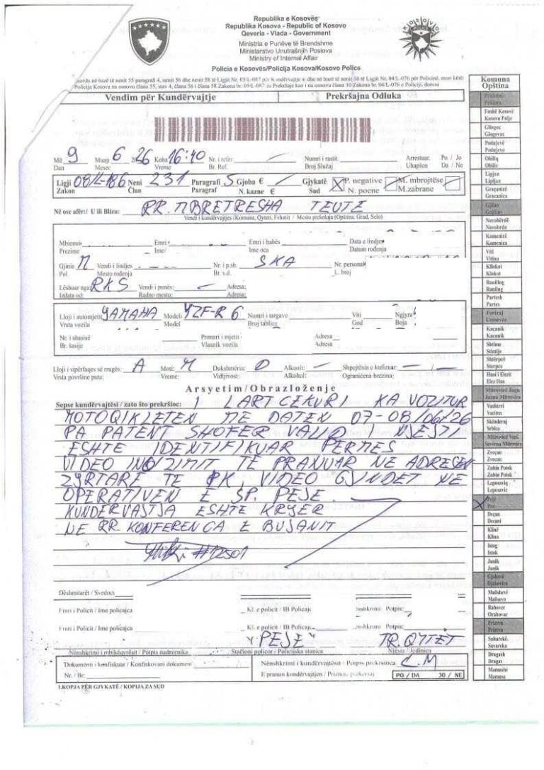 Policia e Kosovës identifikon dhe gjobit kundërvajtësin, sekuestrohet edhe motoçikleta