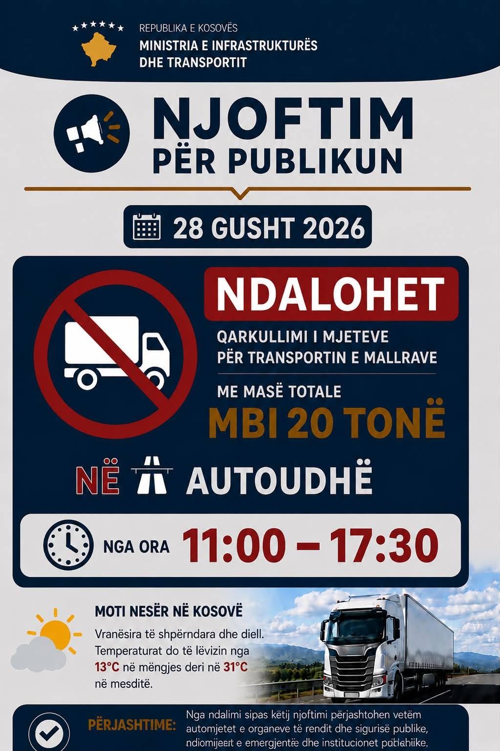 Ndalohen kamionët mbi 20 tonë në autoudhë